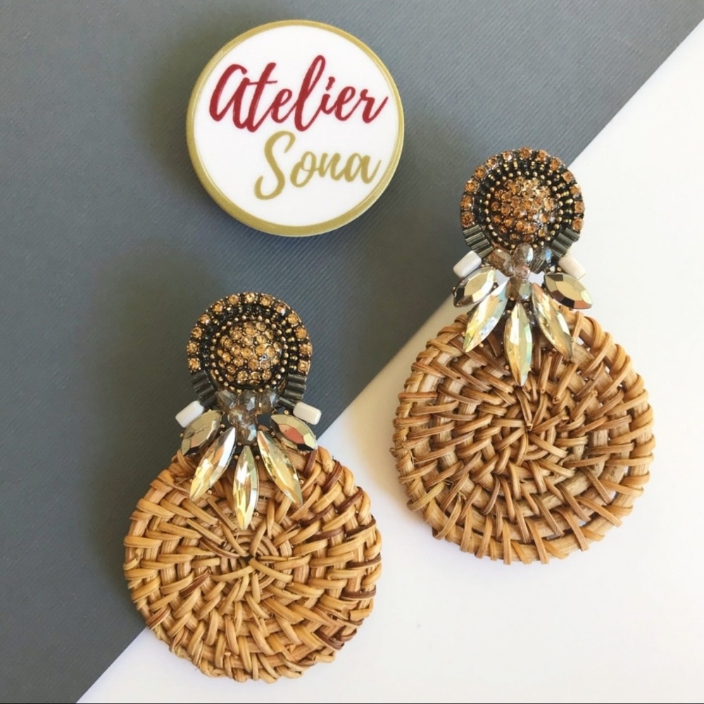 Rhinestone Studded Rattan Straw Earrings